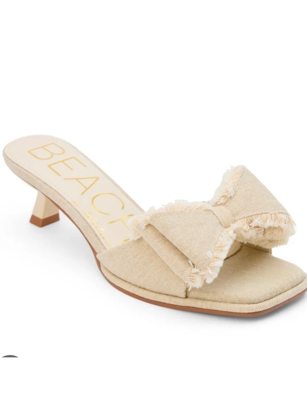 Beige Frayed Bow Low-Heel Slide Mule by BEACH, NEW